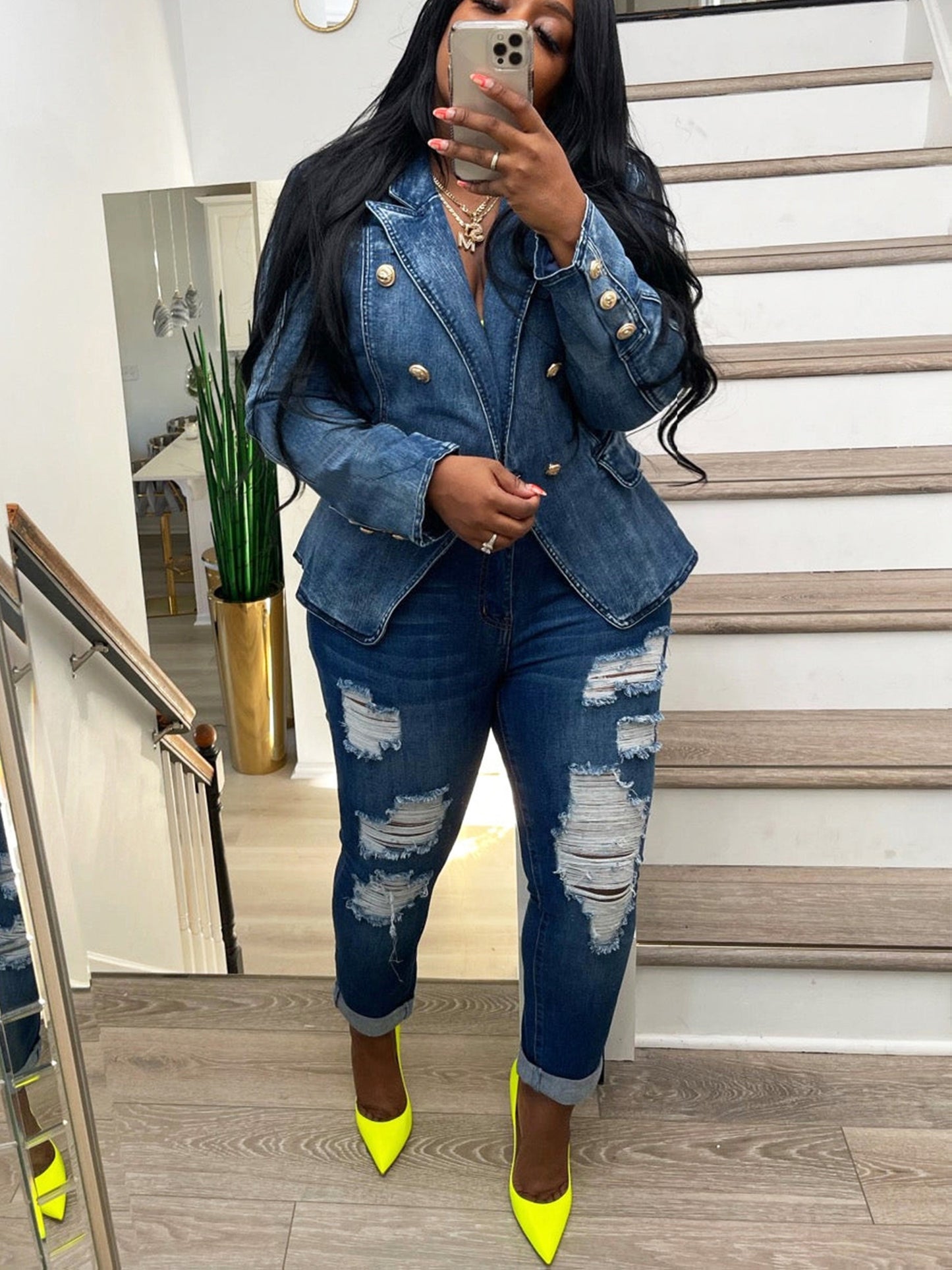[Business Casual Blazer] Blazers for Women Business Casual Denim Long Sleeves Lapel Double Breasted Jacket