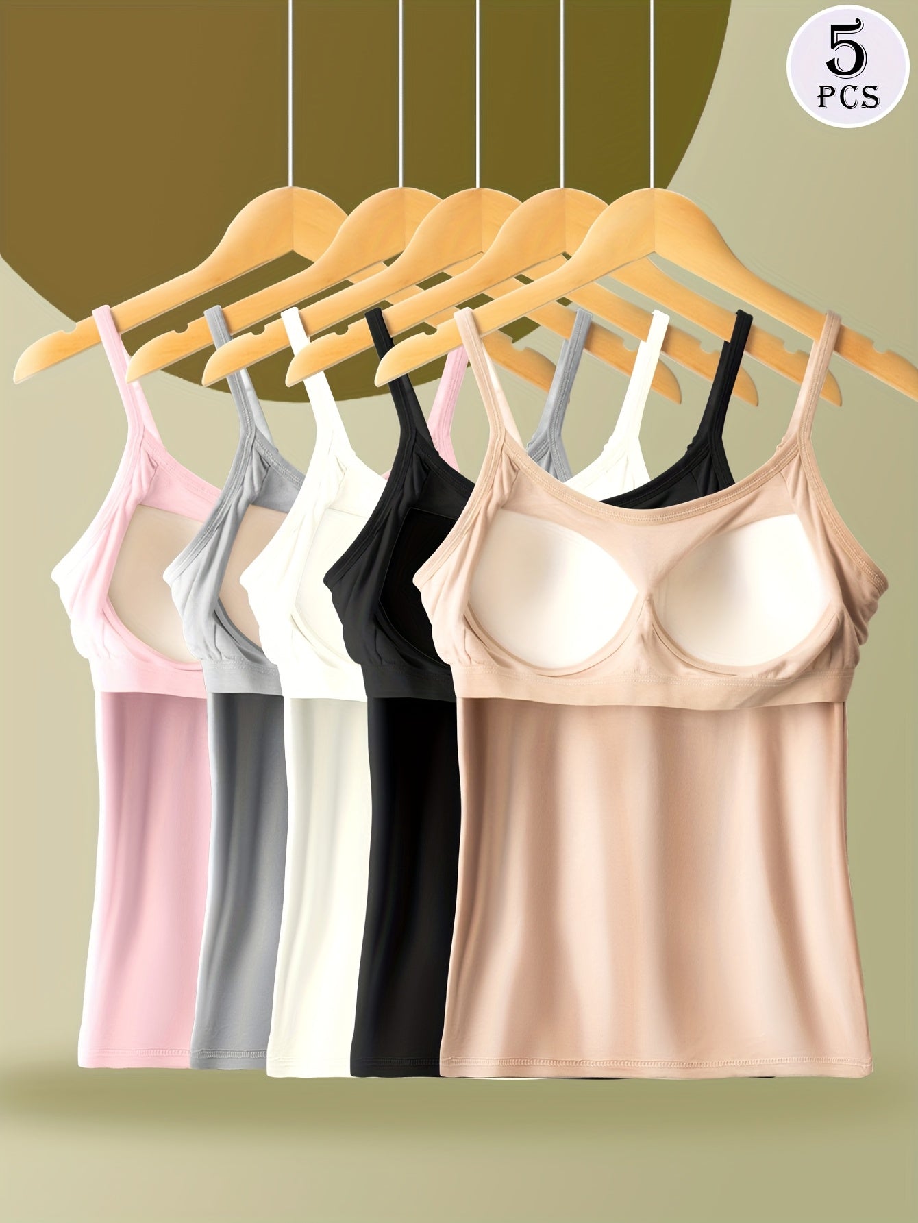 5-Piece Women's Built-in Bra Padded Camisole Tank Tops - Seamless Longline Tops, Soft Stretch Fabric, Solid Colors Pink/White/Gray/Black/Beige, Suitable for Layering and Daily Wear, Versatile Strapless Vest, Smooth Texture Basic Style