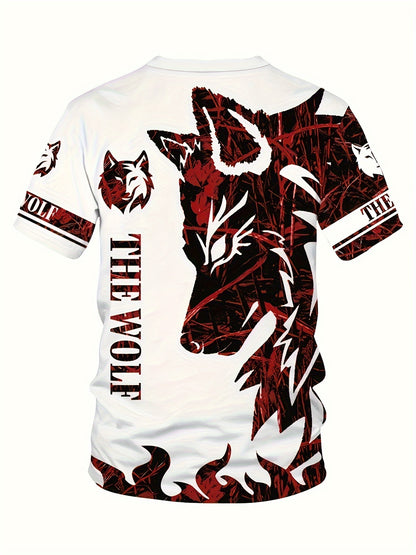 Summer Men's wolf pattern casual round neck short-sleeved T-shirt and shorts 2pcs set, suitable for outdoor activities