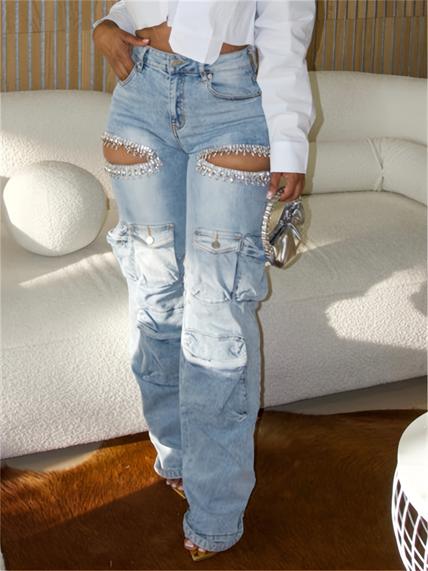 [High-Waisted Stretch Jeans] High-Waisted Stretch Denim Cargo Jeans for Women, Featuring Rhinestone Embellishments, Cut-Out Details, And Utility Pockets. Perfect for Clubbing Or Street Style, These Edgy And Sexy Casual Jeans Are Ideal for Festivals, Parti
