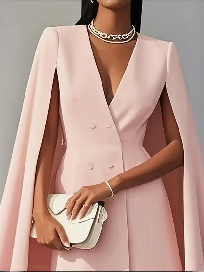 [Spring & Summer Party] Women's Elegant Solid Color V Neck Double-Breasted Cape Blazer Dress Spring & Summer Party Banquet Outfit 2pcs Outfits for Women Elegant Classy