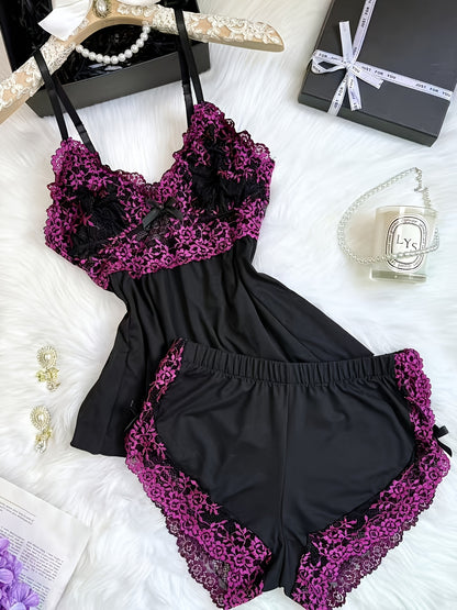 Contrast Color Lace Splicing V-neck Camisole and Double-sided Bow Splicing Casual Shorts | Skin-friendly, Comfortable, Stretchy Fabric, Sexy Style, Suitable for All Seasons