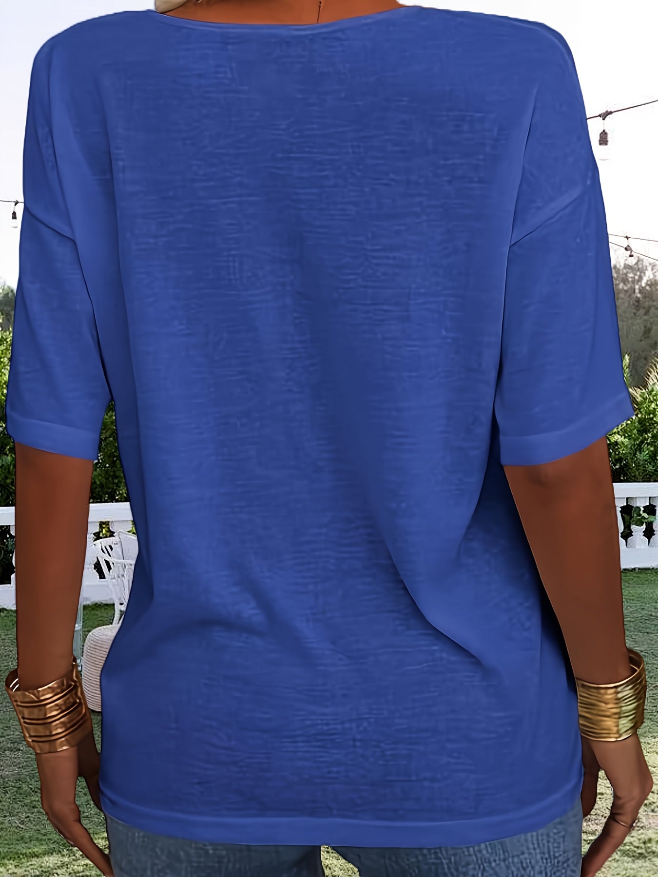 Women Fashion V-neck Half Sleeve T-shirt, Solid Color Casual Loose Basic Top