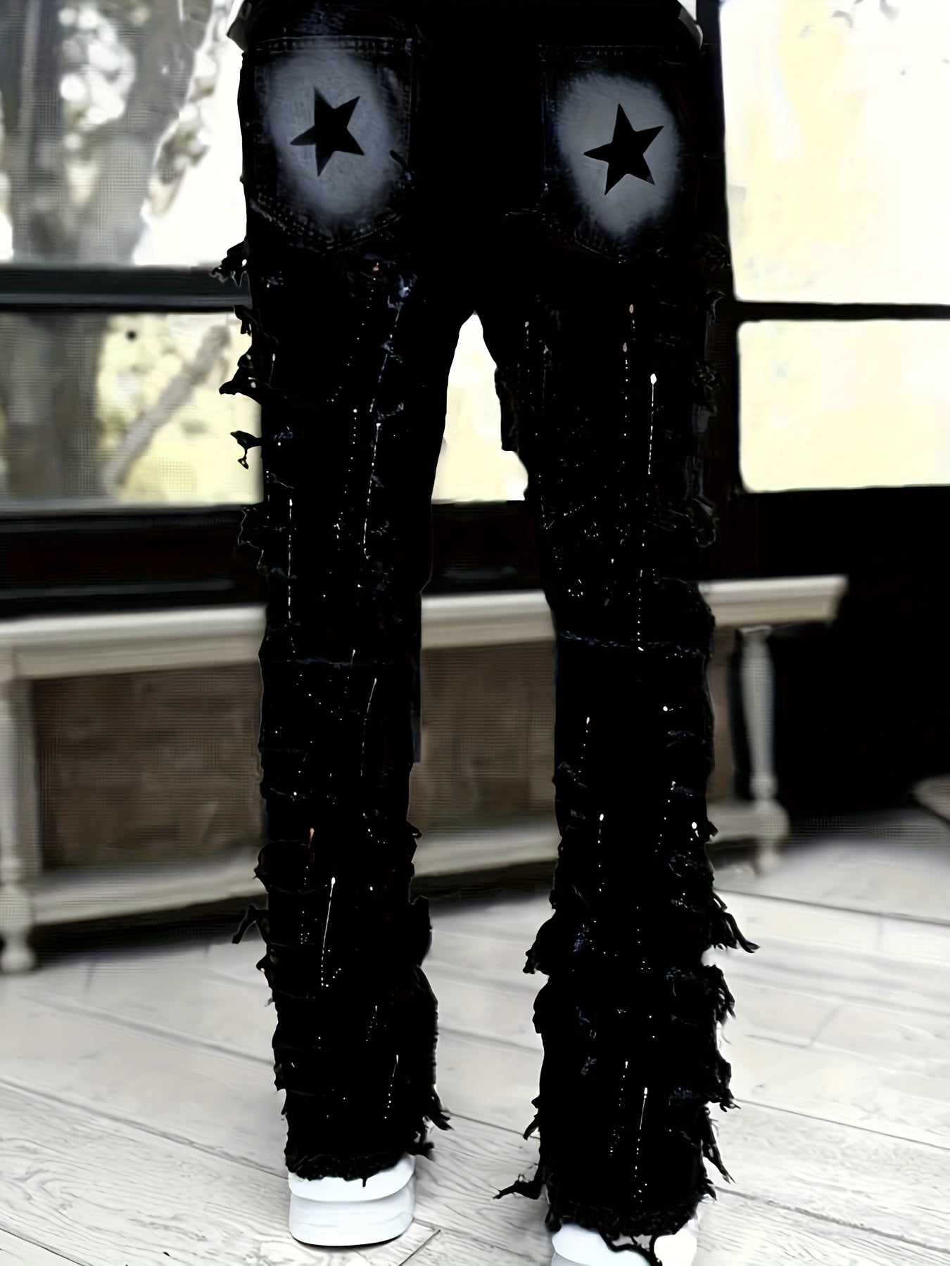Men'S Star Print Fashion Layered Tassel Jeans