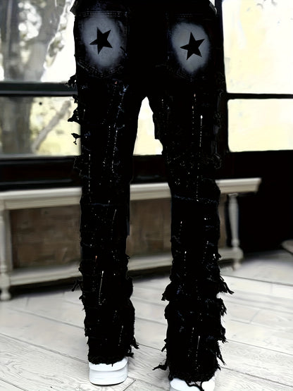 Men'S Star Print Fashion Layered Tassel Jeans