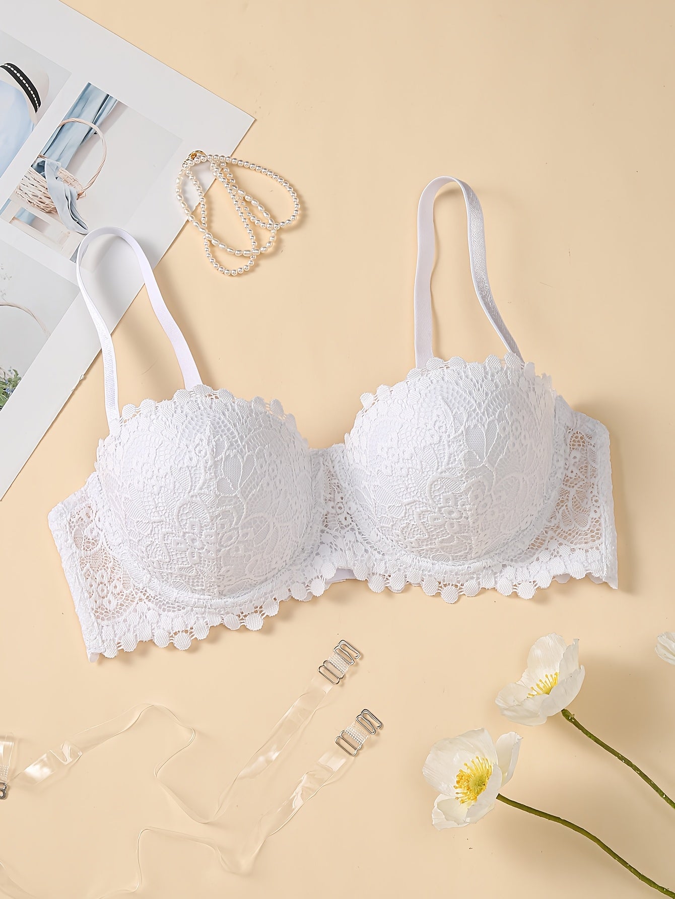1pc Women'S White Lace Push Up Bra With Adjustable Straps, Floral Lace Bra With U-shaped Straps, Suitable For Everyday Occasions