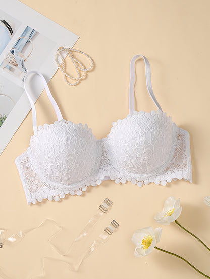 1pc Women'S White Lace Push Up Bra With Adjustable Straps, Floral Lace Bra With U-shaped Straps, Suitable For Everyday Occasions