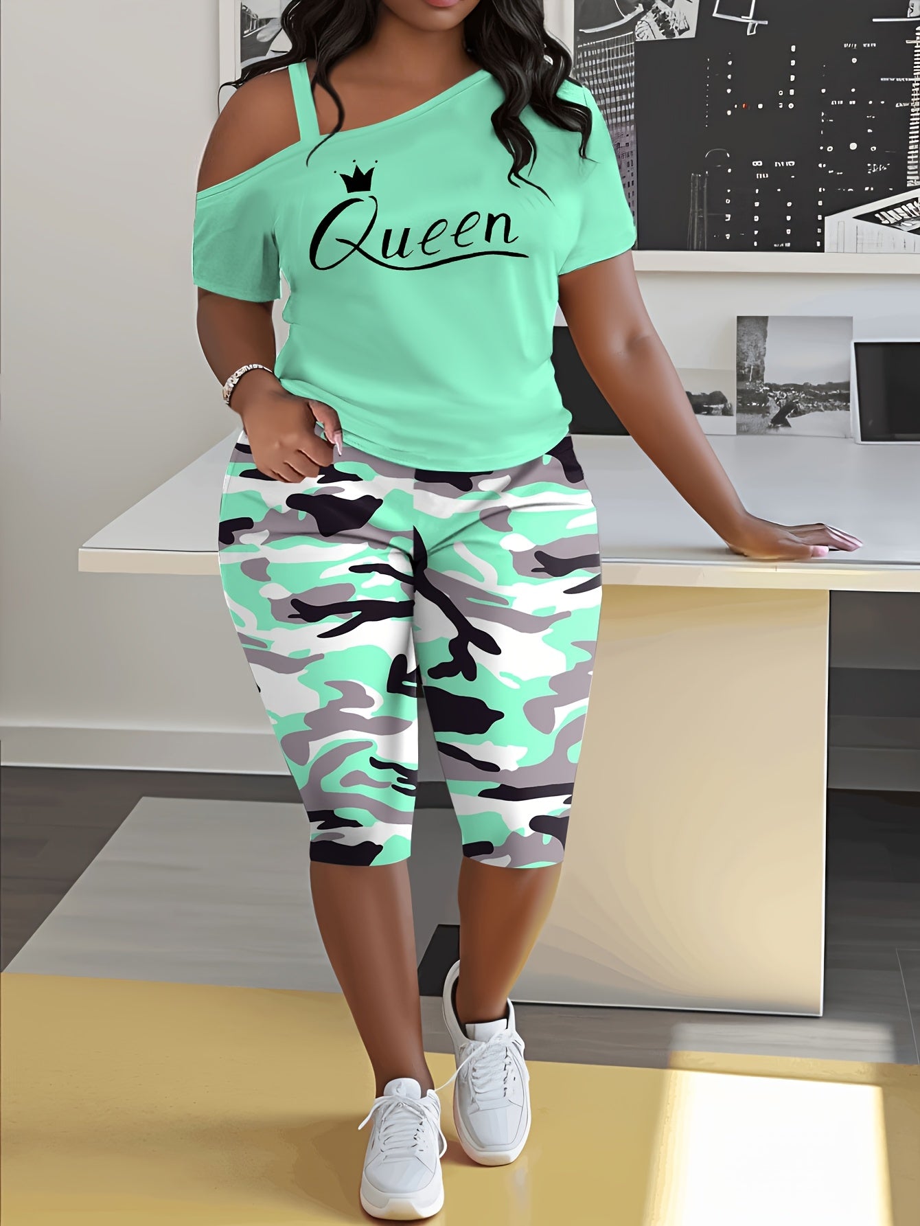 Plus Size - Ladies Plus Size Daily Casual One-Shoulder Short Sleeve Two-Piece Outfit, Diagonal Shoulder Design, Slim Fit Camouflage Pants Suit With Letter Print.