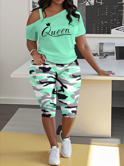 Plus Size - Ladies Plus Size Daily Casual One-Shoulder Short Sleeve Two-Piece Outfit, Diagonal Shoulder Design, Slim Fit Camouflage Pants Suit With Letter Print.