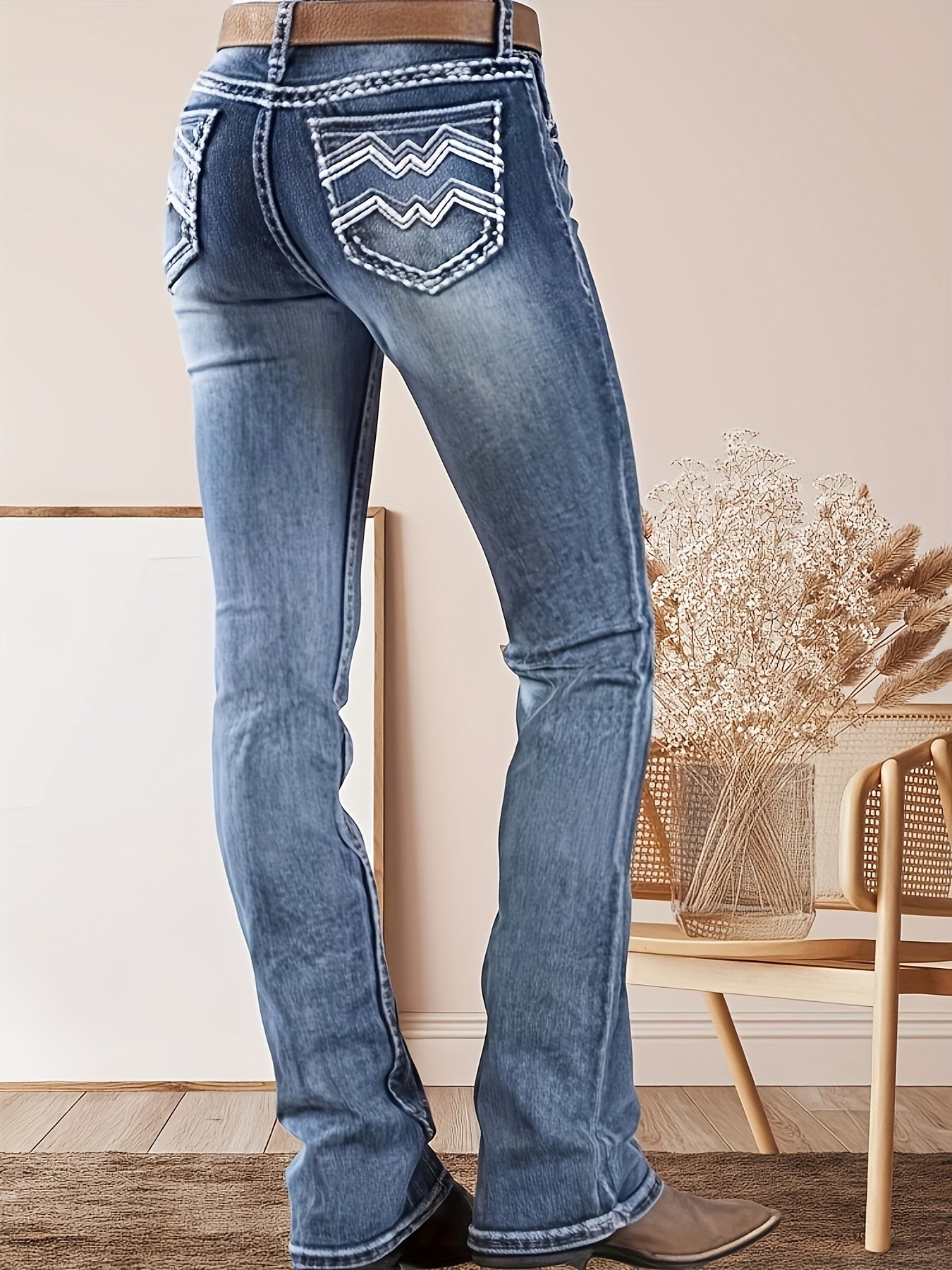 HME Autumn/Winter New Arrival - Women's Stretch Flared Fashion Pants with Contrast Stitching and Embroidery, Stylish and Elegant Classic Vintage Blue, Suitable for All Seasons, Women's Long Pants, No Belt Included