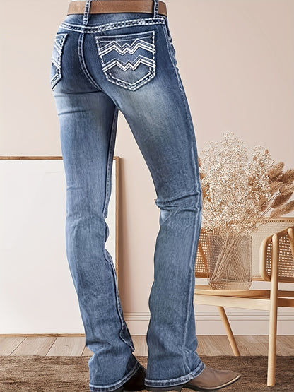 HME Autumn/Winter New Arrival - Women's Stretch Flared Fashion Pants with Contrast Stitching and Embroidery, Stylish and Elegant Classic Vintage Blue, Suitable for All Seasons, Women's Long Pants, No Belt Included