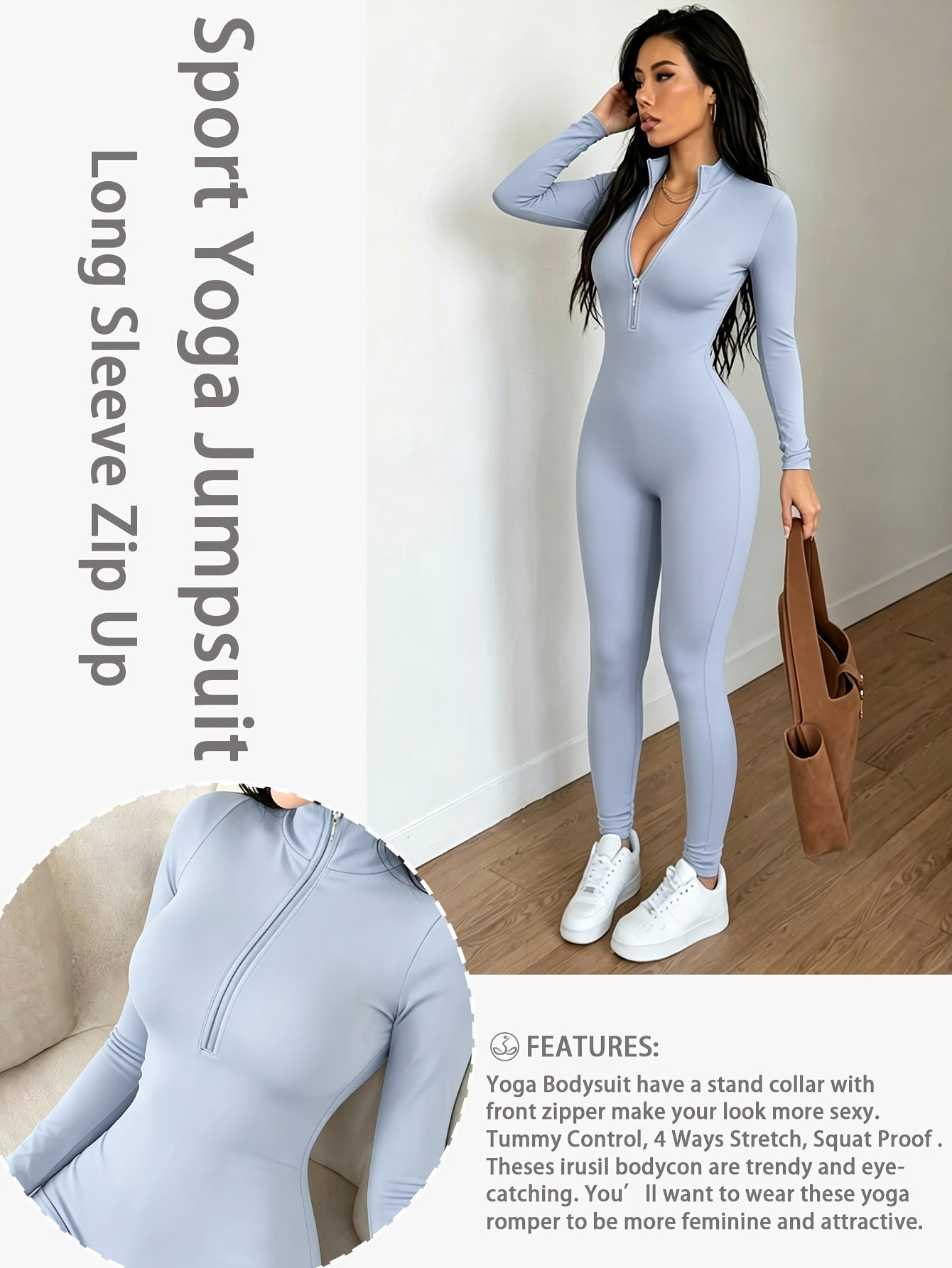 Women'S Solid Color Long Sleeve Skinny Jumpsuit, Front Half Zipper Design, Comfortable And Slim-fitting Jumpsuit, Casual And Versatile, Suitable For Cycling, Running, Yoga, Tennis And Other Training.