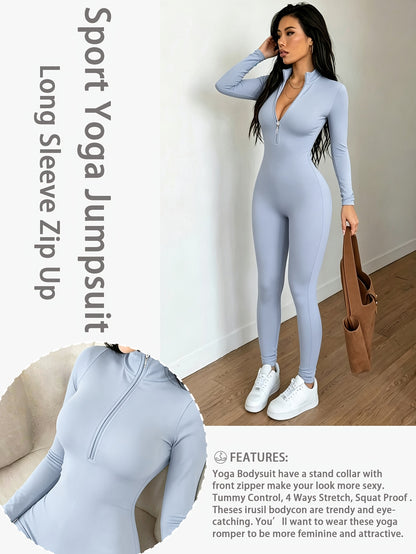 Women'S Solid Color Long Sleeve Skinny Jumpsuit, Front Half Zipper Design, Comfortable And Slim-fitting Jumpsuit, Casual And Versatile, Suitable For Cycling, Running, Yoga, Tennis And Other Training.