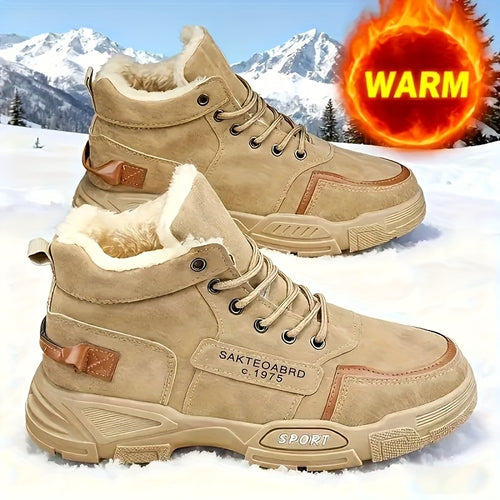Men's Warm Snow Boots - Winter Mountaineering Boots with Velvet, Soft PVC Bottom, Anti Slip And Wear Resistant PU Fabric Outdoor Activity Shoes (Yellow, Grey, Black, Lace Design), Mid Length, Sturdy Structure, Suitable for Cold Weather, Vibrant Life