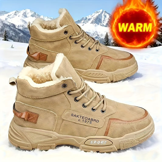 Men's Warm Snow Boots - Winter Mountaineering Boots with Velvet, Soft PVC Bottom, Anti Slip And Wear Resistant PU Fabric Outdoor Activity Shoes (Yellow, Grey, Black, Lace Design), Mid Length, Sturdy Structure, Suitable for Cold Weather, Vibrant Life