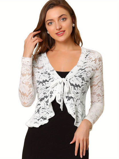 Women's Sheer Crop Bolero Cardigan - Semi-Sheer Lace Shrug with Ruffled Hem & Tie-Front Closure, Blouse for Sleeveless Dresses/Tank Tops (Machine Washable, Spring/Summer Wedding/Office/Cardigan) - 90% Nylon/10% Spandex