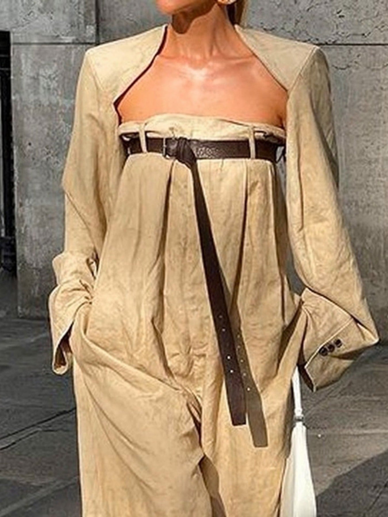 Alofi Women'S Stylish Jumpsuit Set Collarless Long Sleeve Outerwear And Strapless Wide Leg Jumpsuits Summer Loose Fit Suit
