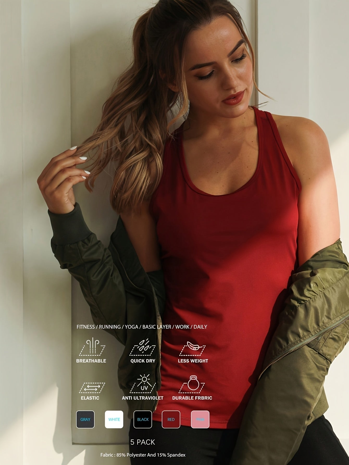 5 Packs Women's Round Neck Y Top, Mid-Stretch Solid Color Racer Back Tank Top