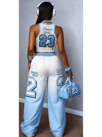 Vest Wide-Leg Pants - Two-Piece Set - Casual Street Fashion Versatile - Color-Blocking Belt Jumpsuit - Loose Pants Suit - Party Sexy Hot Outfit - Number 10 Print Drawstring Waistband - Suitable for Multiple Occasions