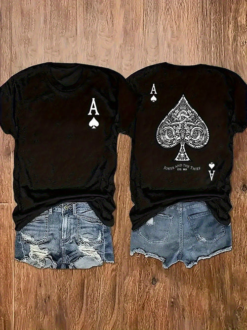 [Double Print] Poker Card Double-Sided Print Women's Casual Round Neck T-Shirt, 180g Blend Double-Sided Print Round Neck Short Sleeve T-Shirt, Slim Fit Versatile High-Quality Casual Sports Fashion Single Piece