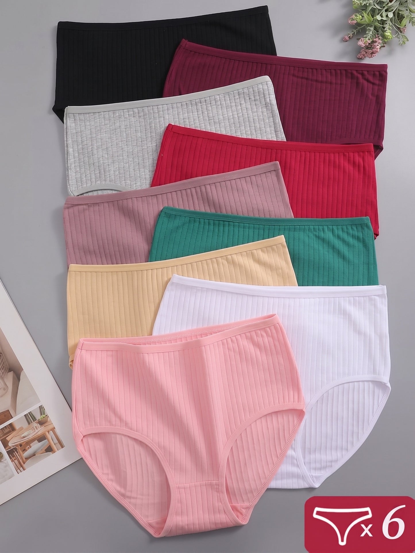 6pcs Ribbed Underwear for Women, Soft And Breathable High-waisted Triangle Pants, Random 6pcs In Multiple Colors