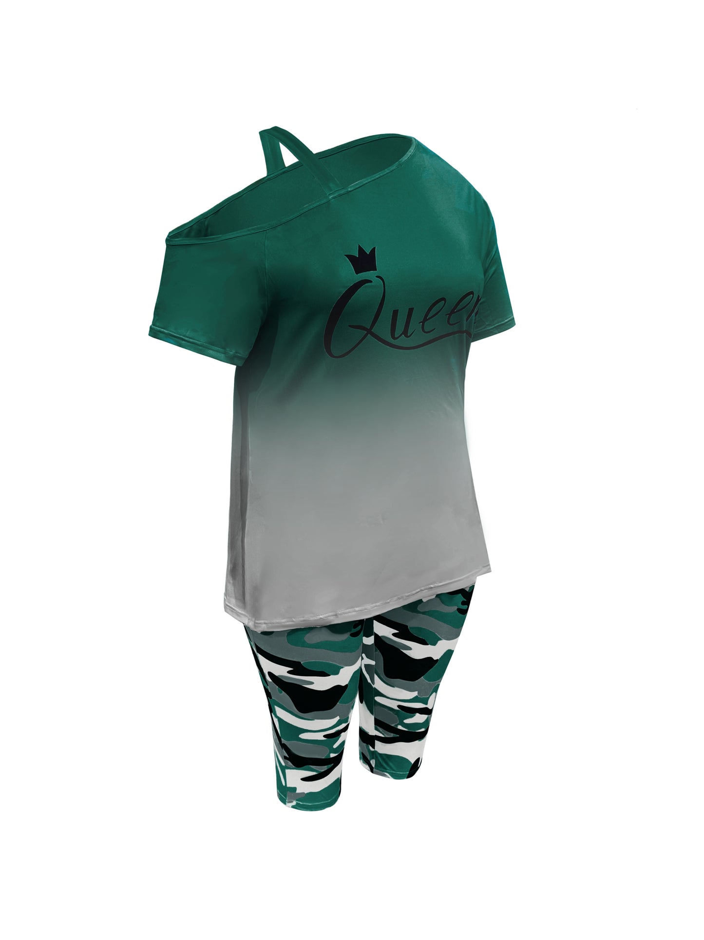Plus Size - Ladies Fashion Daily Casual Suit, Diagonal Shoulder Camisole Gradient Letter Print Top + Camouflage Capri Pants Design.