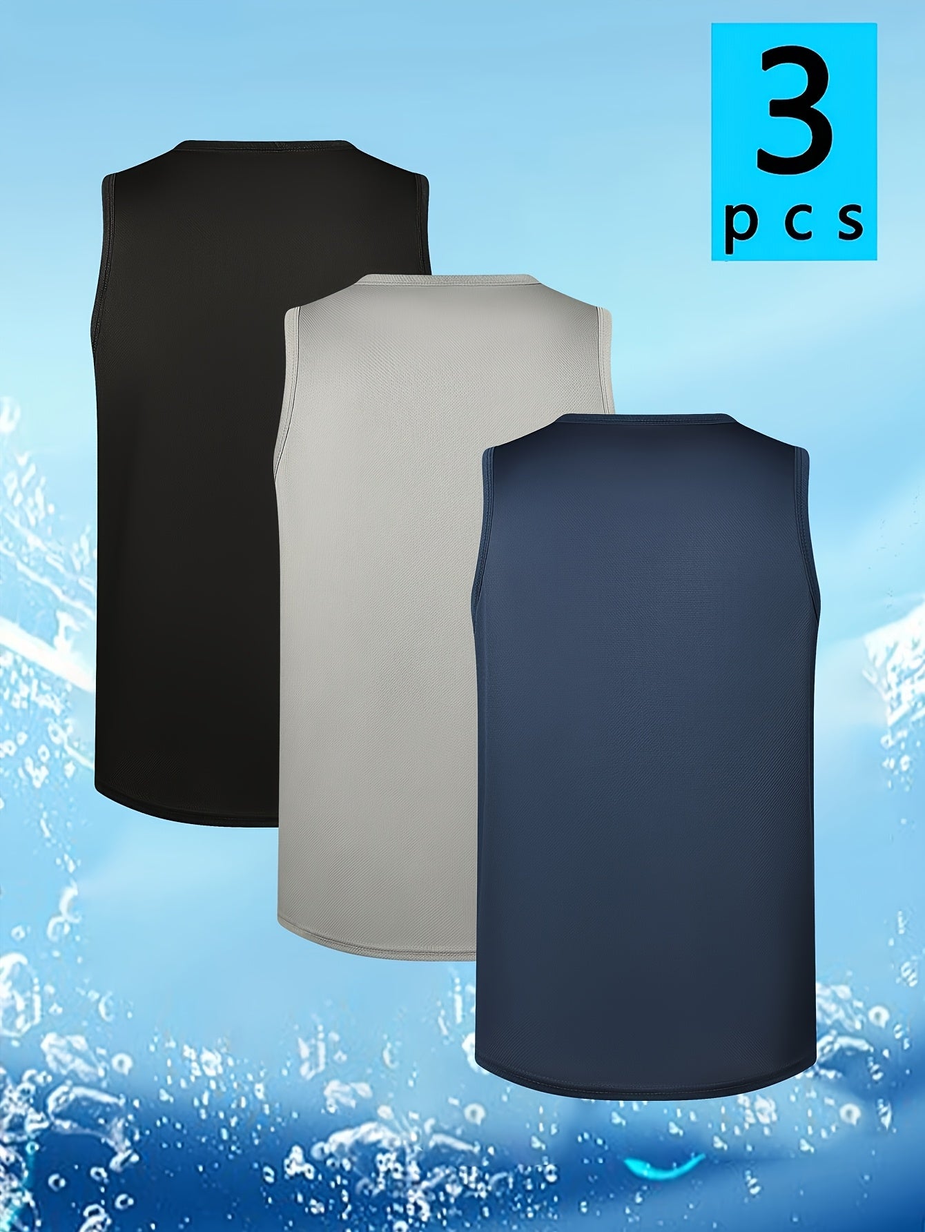 Set of 3 Men'S Sleeveless Vests with Reflective Features, Quick-Drying And Breathable, Ideal for Workouts, Running, And Casual Outings. Available in Black, Grey, And Navy Blue with Striped Crew Neck Design