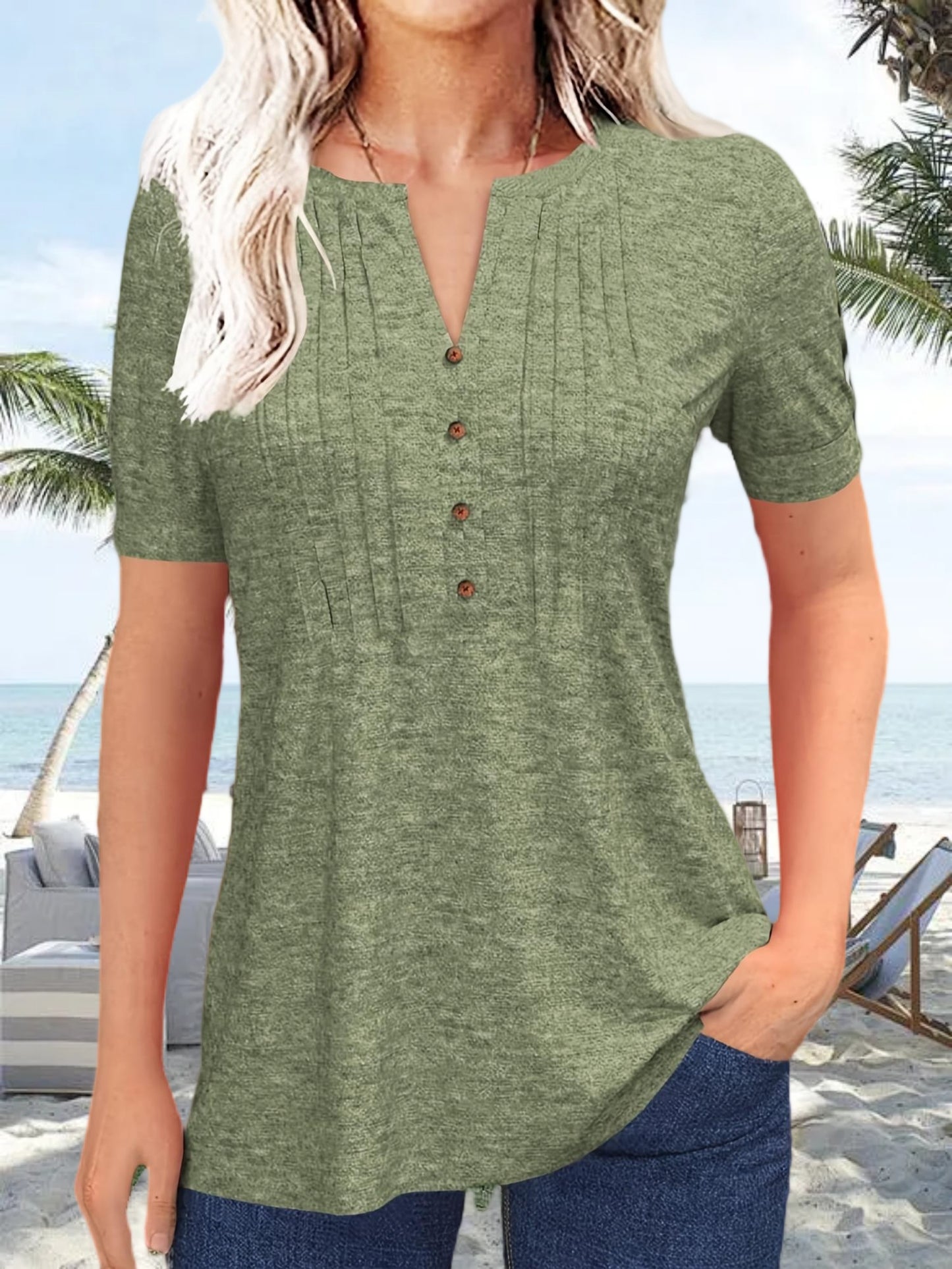 Women's Hot-selling Summer Casual V-Neck Pleated Blouse Short Sleeve Button-Up Solid Color Top