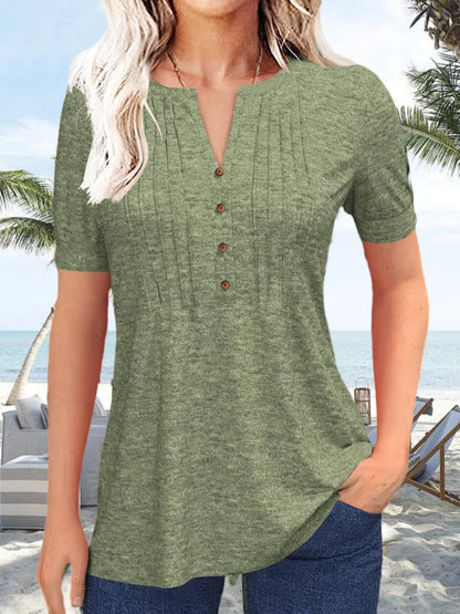 Women's Hot-selling Summer Casual V-Neck Pleated Blouse Short Sleeve Button-Up Solid Color Top