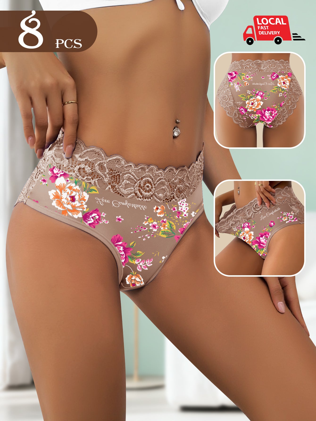 8-pack Floral Lace Women's Mid Waist Underwear with a Mid Waist Design That Fits the Body, Is Soft, Skin Friendly, Comfortable, Breathable, Triangular Underwear Suitable for Daily Wear and Dates