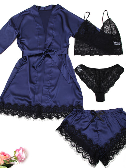 Women's Sleepwear, Home Clothes, Bathrobe 5pcs Set, Multi-color, No Pattern, Sexy, Solid Color, Contrasting Lace, No Lining, Belt, Adult Style, Comfortable and Breathable Fabric, Essential for Lovers to Save Money