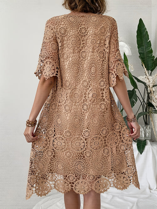 Women'S Fashion Solid Color Short Sleeve V-Neck Dress with Lining Hollow Out Lace Dresses