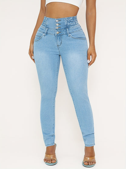 High Waist Skinny Jeans For Women, Casual Stretch Denim, Solid Color, Slim Fit, With Shirring Detail, For All-Season Pants