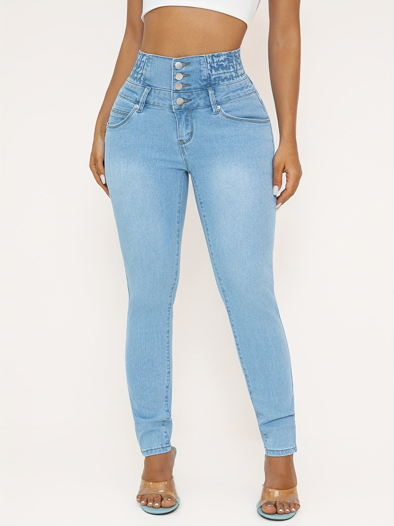 High Waist Skinny Jeans For Women, Casual Stretch Denim, Solid Color, Slim Fit, With Shirring Detail, For All-Season Pants