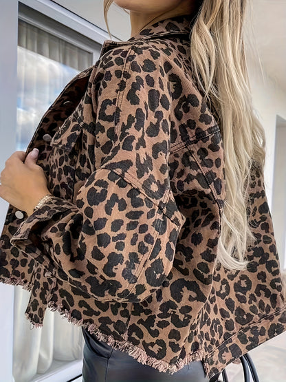 2025 New Casual Jacket with Long Sleeves in Denim And Leopard Print