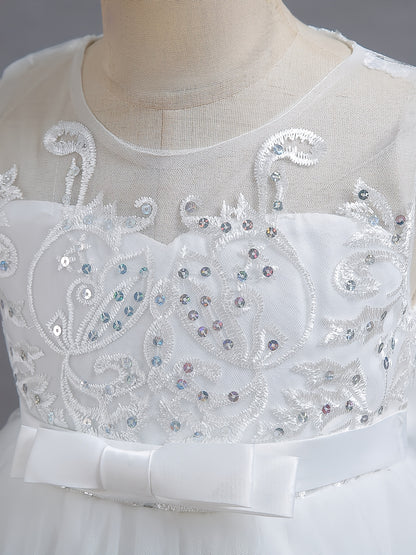 Flower Girl Lace Dress for Kids Wedding Bridesmaid Pageant Party Formal Long Gown Princess Communion Tulle Bow Dresses