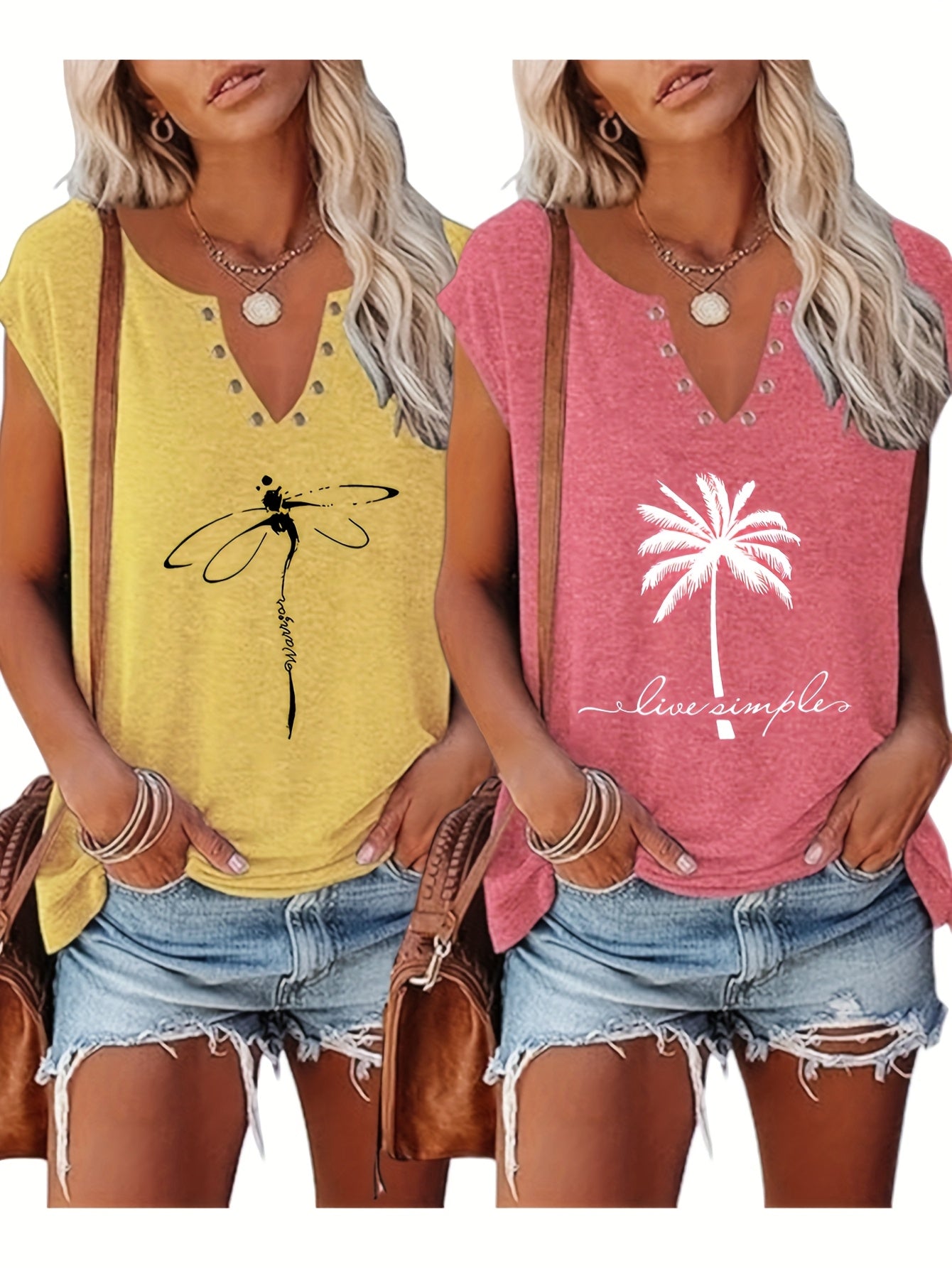 Two-piece Women's European And American Fashion Printed Blouse Button- V-neck Sleeve Vest