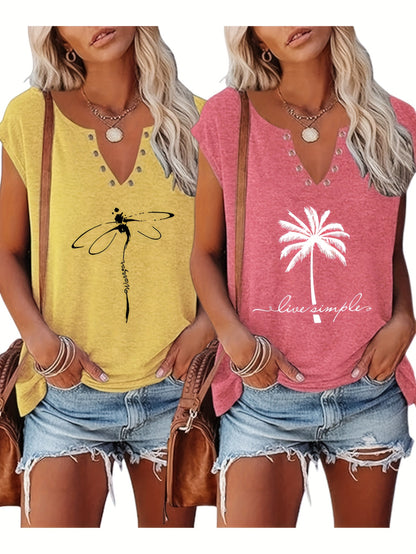 Two-piece Women's European And American Fashion Printed Blouse Button- V-neck Sleeve Vest