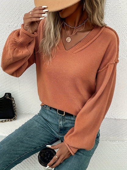 Women's Casual Long-sleeved Sweater Autumn And Winter New Loose V-neck Solid Color Warm Pullover Sweater Valentine's Day High-Quality Women's Sweaters & New Year Women's Outfits