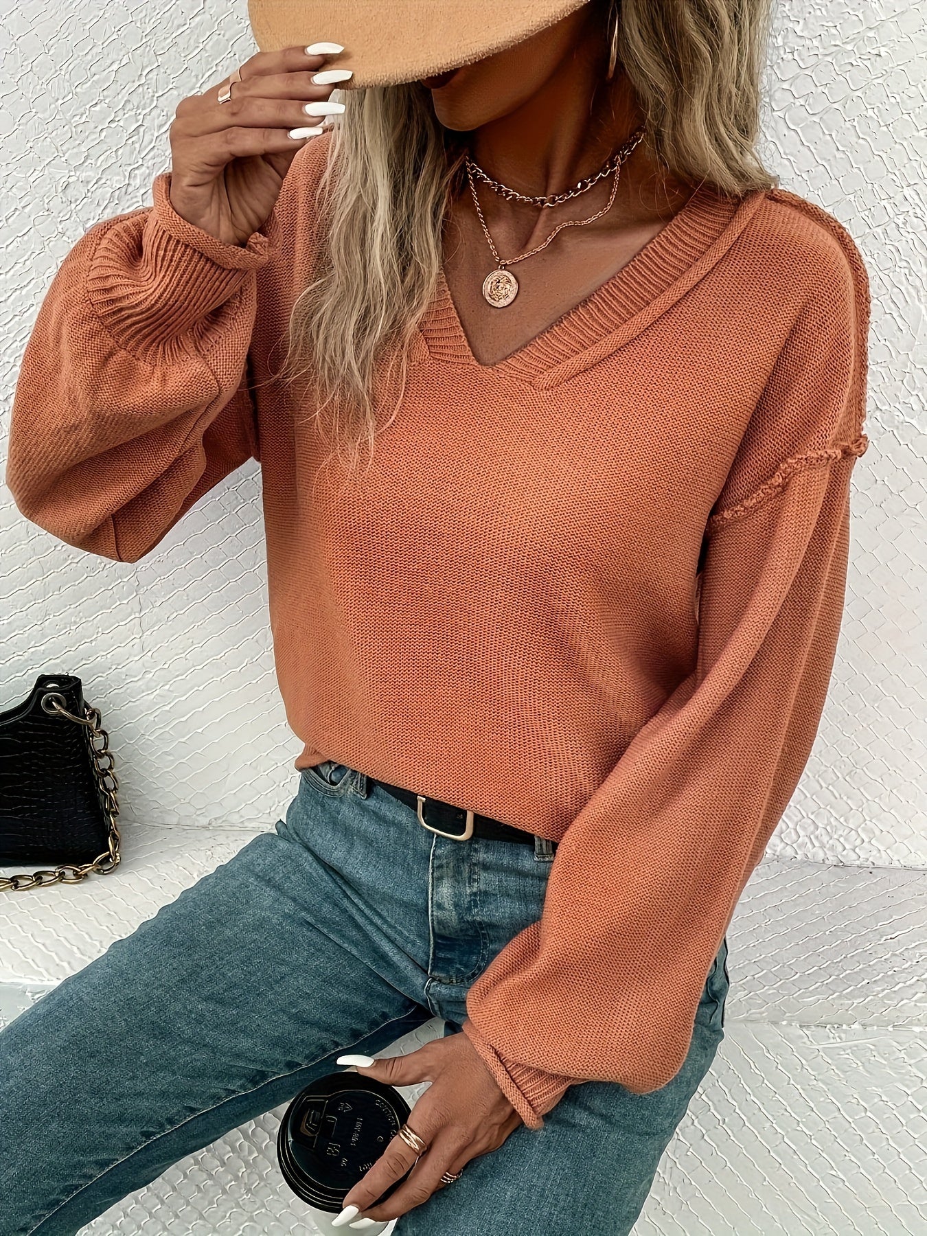 Women's Casual Long-sleeved Sweater Autumn And Winter New Loose V-neck Solid Color Warm Pullover Sweater Valentine's Day High-Quality Women's Sweaters & New Year Women's Outfits