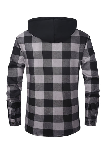 Men's Hooded Plaid Shirt Jacket with Flannel Lining - Thickened Winter Coat, Button Front, Black/White/Gray/Beige Plaid, Euro/American Sizing, Casual Outdoor & Formal Wear (Hand Washable) - Blazer Coat for