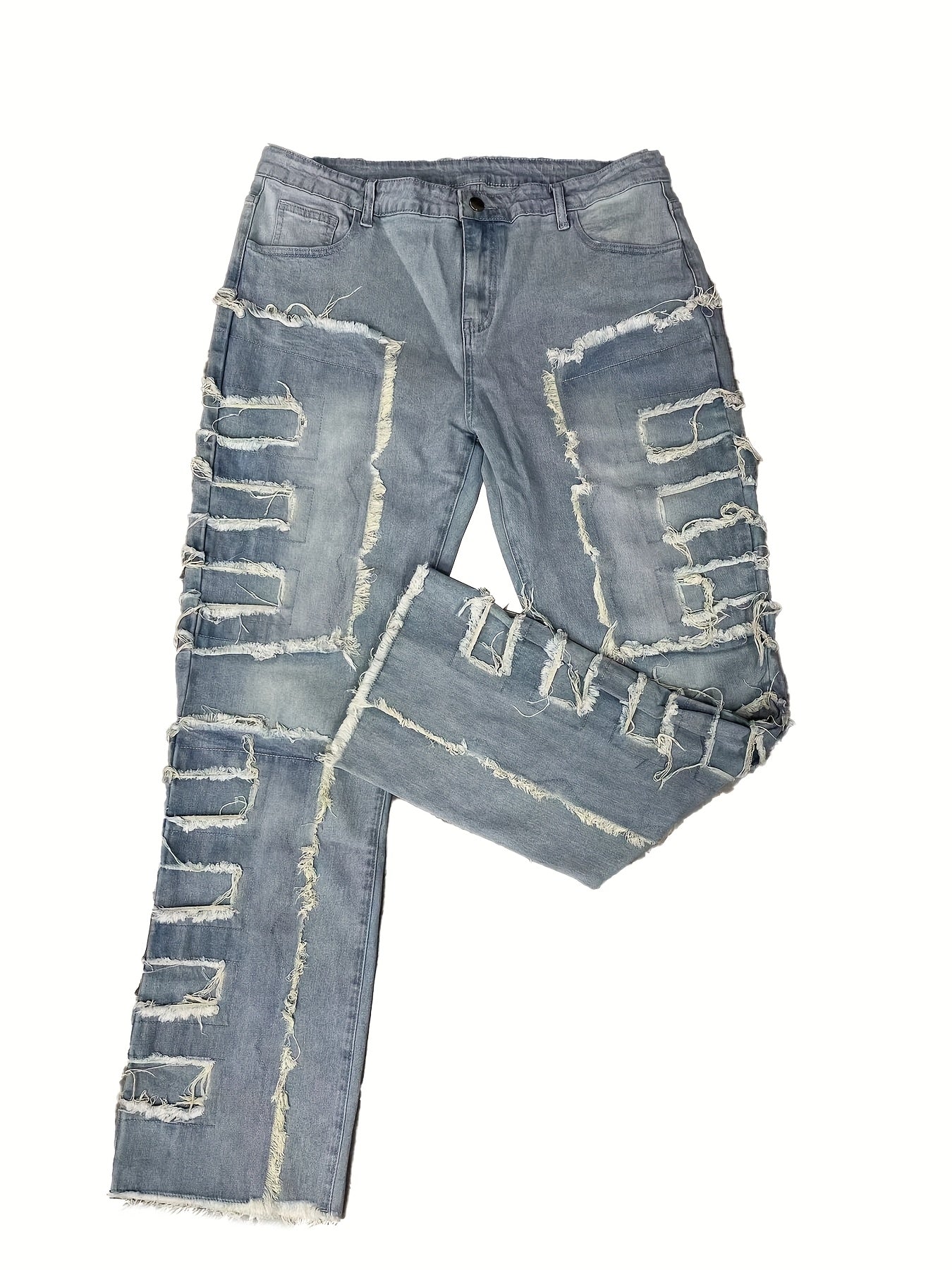Men's Slim-Fit Stretch Jeans with Fringe Tassel decoration - Hip-Hop Skateboard Style Straight Pants, Washed Denomination for all- Wear (Machine Washable, Urban Streetwear) - Comfortable & Trendy for Skating & Everyday