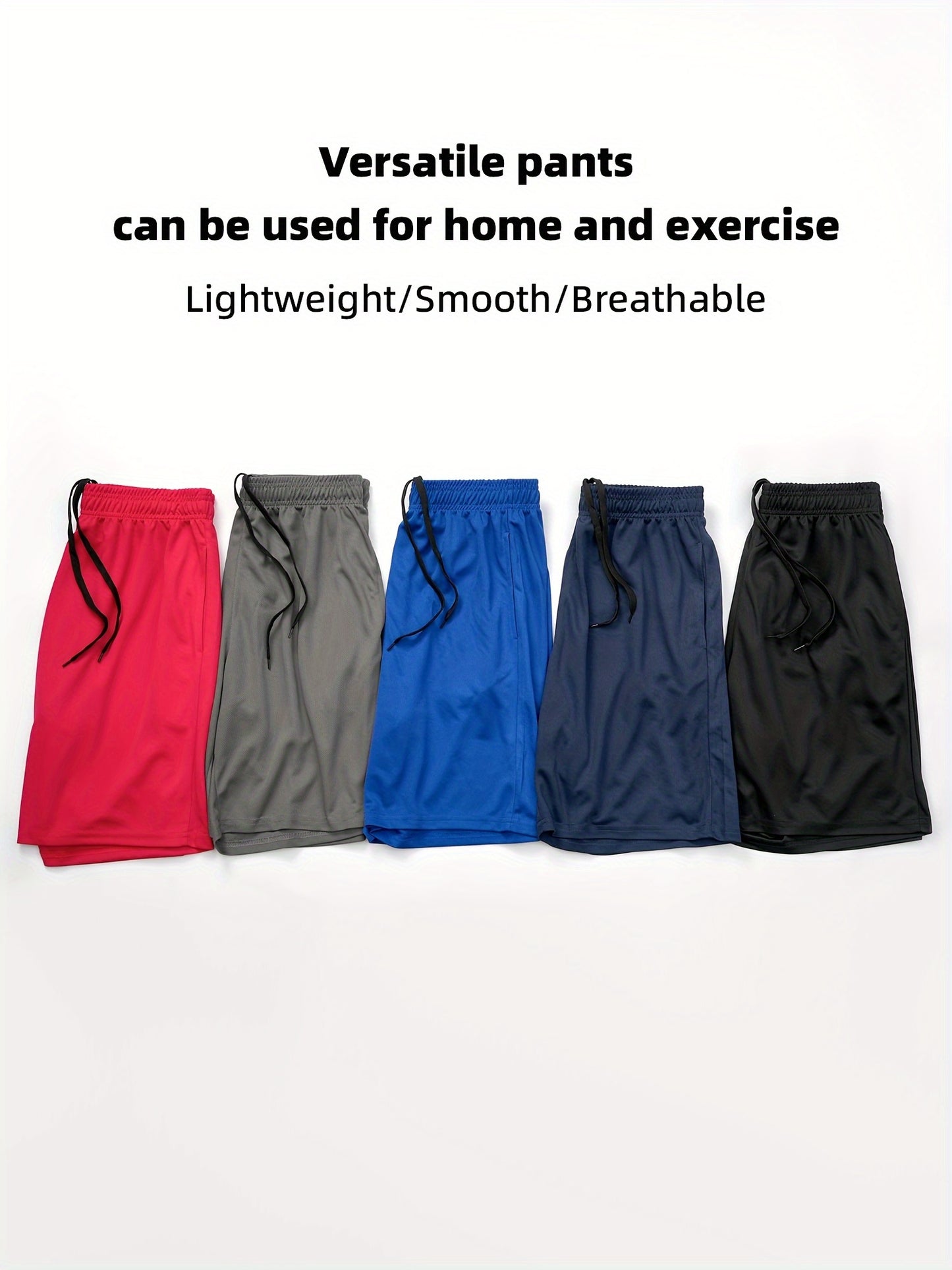 5pcs Men'S Solid Quick Drying Mesh Shorts, Casual Slightly Stretch Elastic Waist Drawstring Shorts for Summer Gym Workout Training