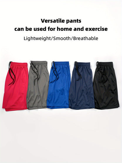 5pcs Men'S Solid Quick Drying Mesh Shorts, Casual Slightly Stretch Elastic Waist Drawstring Shorts for Summer Gym Workout Training