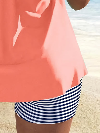 Adjustable Tankini Set - Solid Top & Striped Bottom