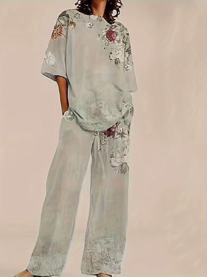 Retro Floral Patterned Outfit, Featuring a Crew Neck Top with Half Sleeves And Loose Straight-Leg Trousers, Designed for Women