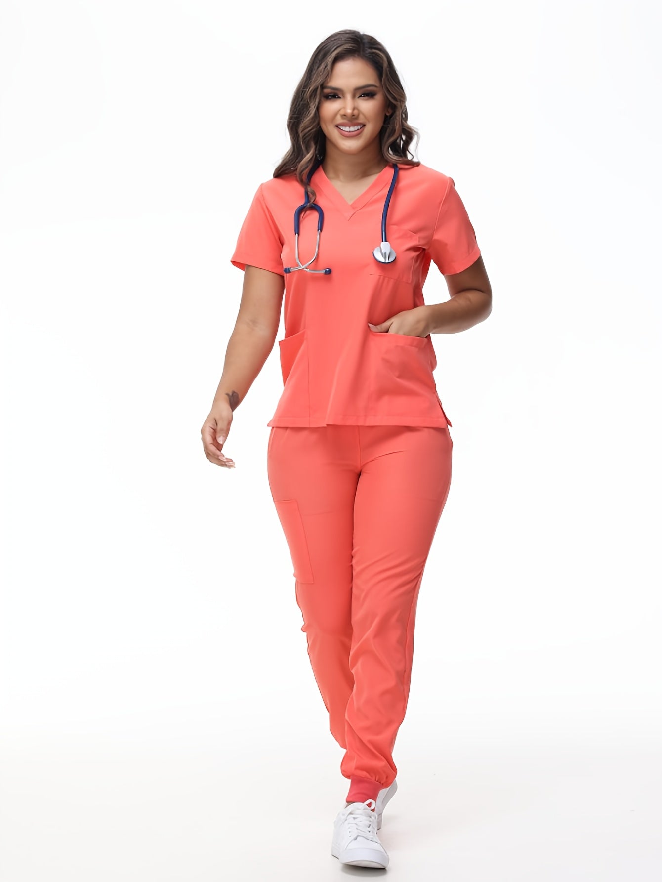 [Breathable Scrubs Set] Scrubs Top And Pants Unisex Breathable Quick Drying Scrubs Uniform Women And Man Scrubs Set V-Neck Top T-Shirt And Tapered Leg Jogger With Drawstring Nursing Uniforms Set Suitable For Pet Hospitals, Dental Clinics, Nursing Work, Et