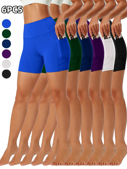 6-pack Plus Size Women'S Sports Shorts High Waist Hip Lifting Yoga Shorts With Pocket Three-quarter Pants Gym Running Exercise Fitness Shorts