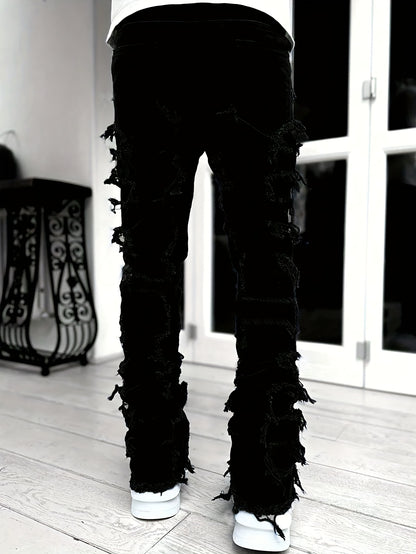 Men's Ripped Jeans Retro Street Style Spliced Slim Jeans Versatile Men Straight Denim Pants