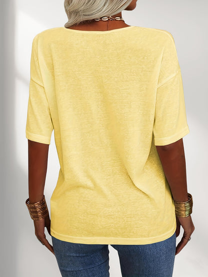 Women Fashion V-Neck Half Sleeves Oversized T Shirt Solid Casual Loose Basic Tops